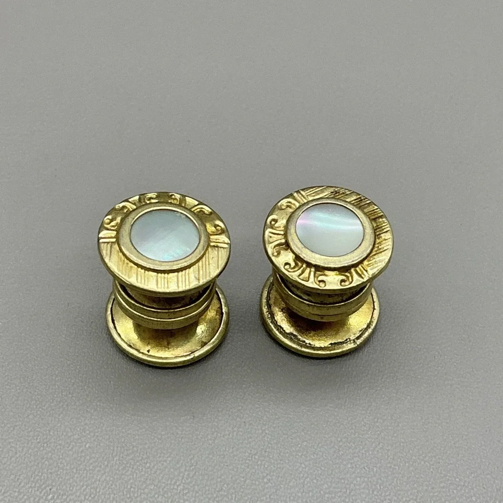 Vintage Cobslink Mother of Pearl Gold Tone Snap Cufflinks Round Art Deco Pair